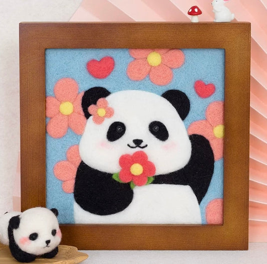 Finished Blossom Panda wool felt frame.