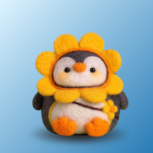 Finished Sunflower Penguin wool felt figure with yellow petal hood, made from the Joypok beginner needle felting kit