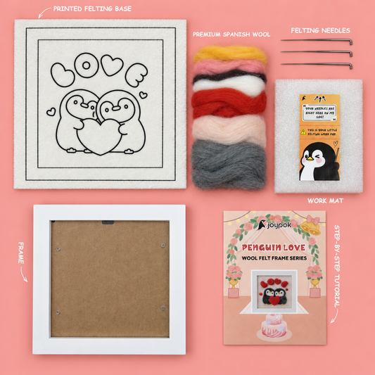 What’s included in the Penguin Love Frame Needle Felting Kit.