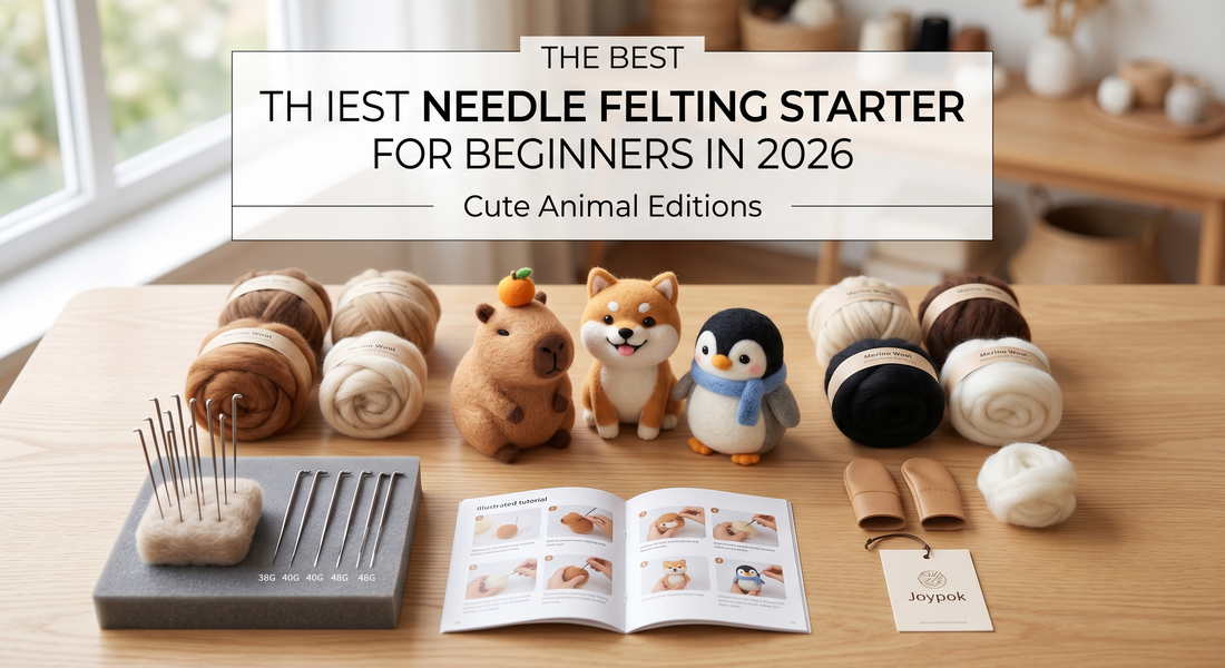 Joypok complete DIY needle felting starter kits for beginners, showing adorable capybara, Shiba Inu, and penguin crafts with essential tools and wool.