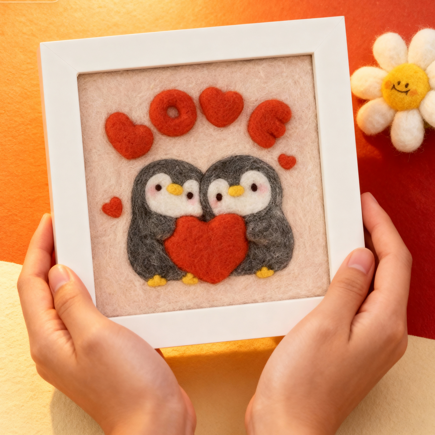 Finished Penguin Love felt frame with two penguins and heart.