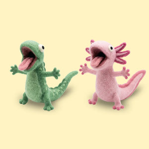 Wild Pals needle felting kit: felted green lizard Liz and pink axolotl Axie with happy open mouths