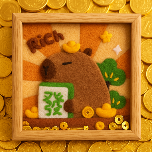 Finished Fortune Capybara wool felt frame with gold coins.