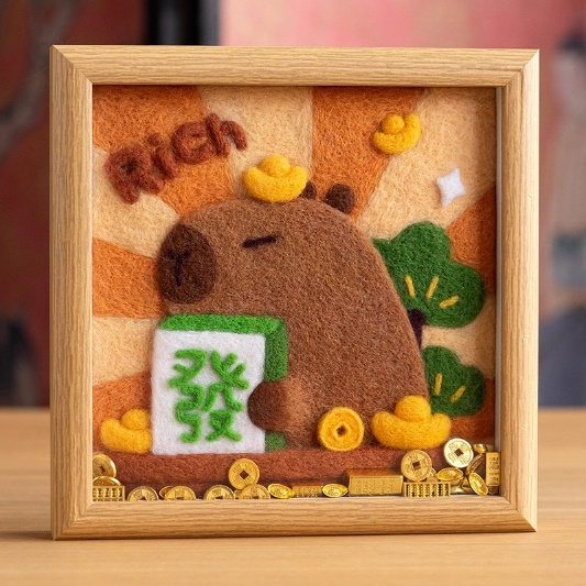 Finished Fortune Capybara wool felt frame with gold coins.