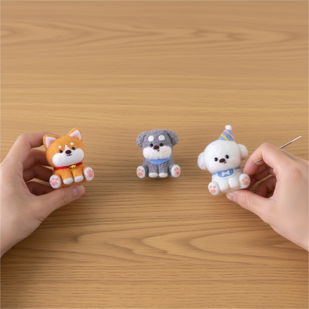 Finished Puppy Pals felt dogs – Bichon, Schnauzer, and Shiba.