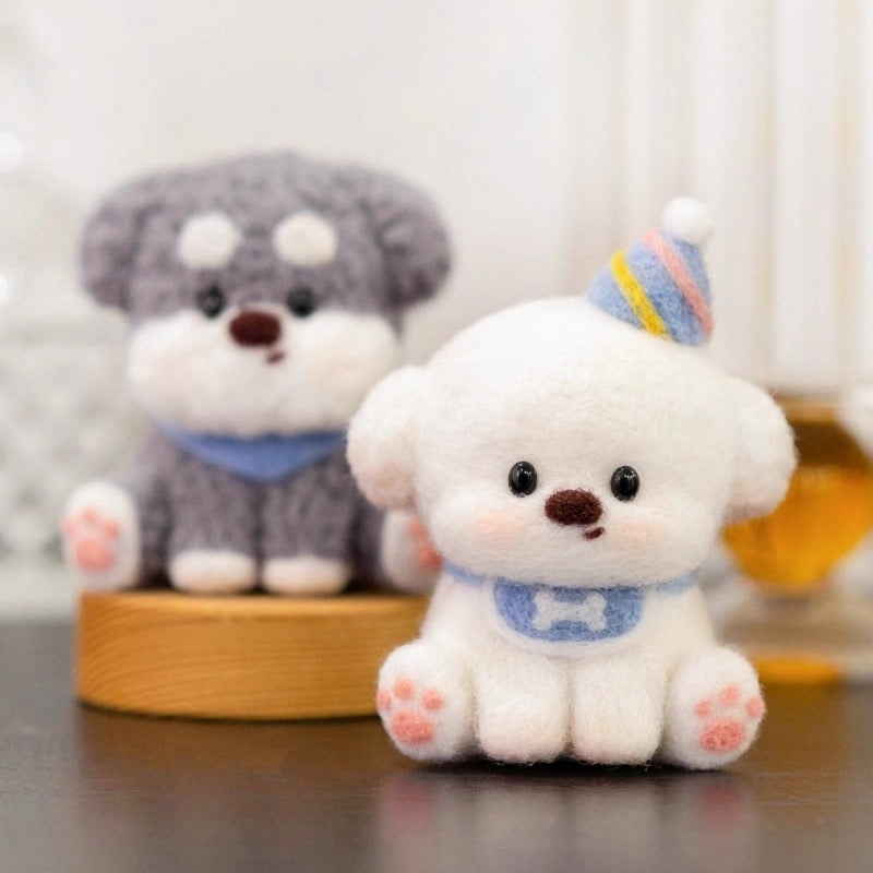 Finished Faithful Schnauzer felt dog with blue scarf.