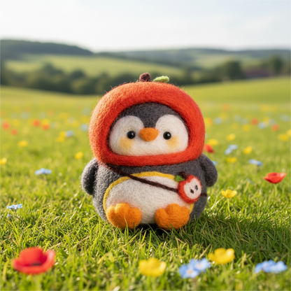 Finished Apple Penguin wool felt figure.