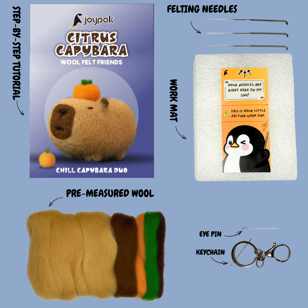 What’s included in the Citrus Capybara needle felting kit: pre-measured wool, felting needles, work mat, accessories, and step-by-step video tutorial access