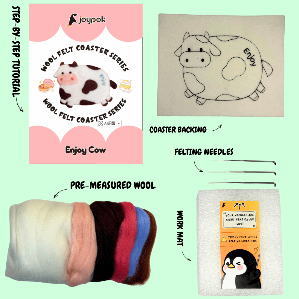 What’s included in the Enjoy Cow coaster needle felting kit