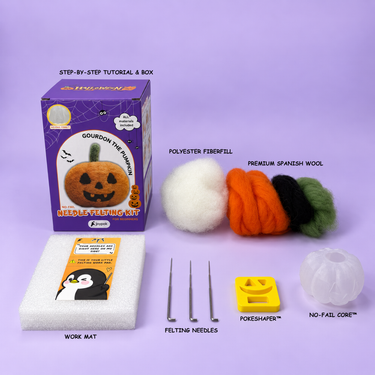 What's included in the Gourdon the Pumpkin needle felting kit: wool, polyester fiberfill, felting needles, work mat, PokeShaper, No-Fail Core, step-by-step tutorial and box.