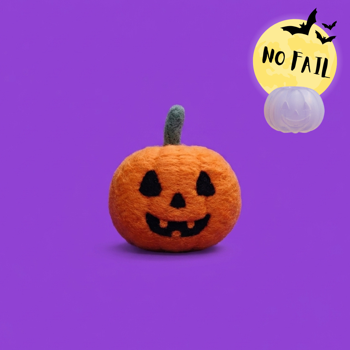 Gourdon the pumpkin needle felting kit — finished wool jack-o-lantern with green stem, No-Fail Core guarantee