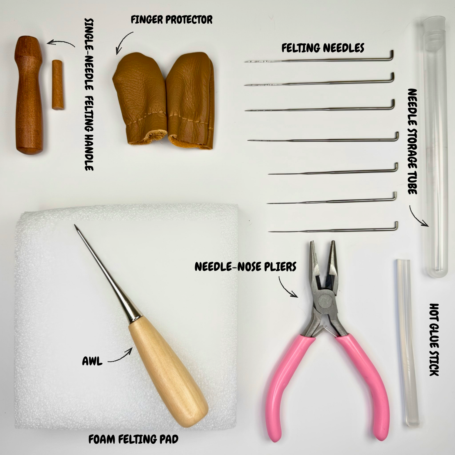 JoyPok Plus Tool Kit contents laid out, including felting needles, foam pad, finger protectors, awl and pliers