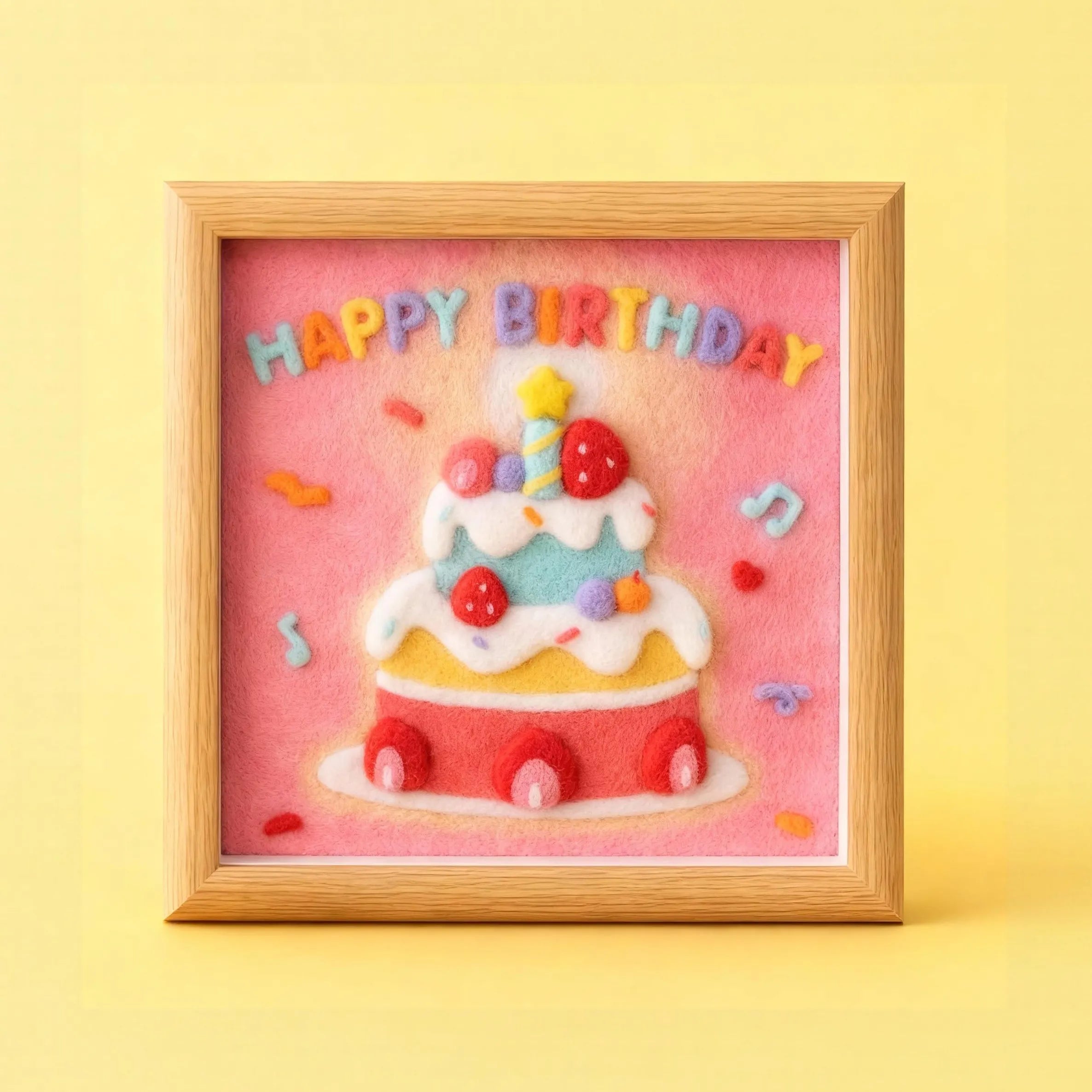 Finished Birthday Cake wool felt frame with candles and Happy Birthday lettering, made from the Joypok beginner needle felting kit