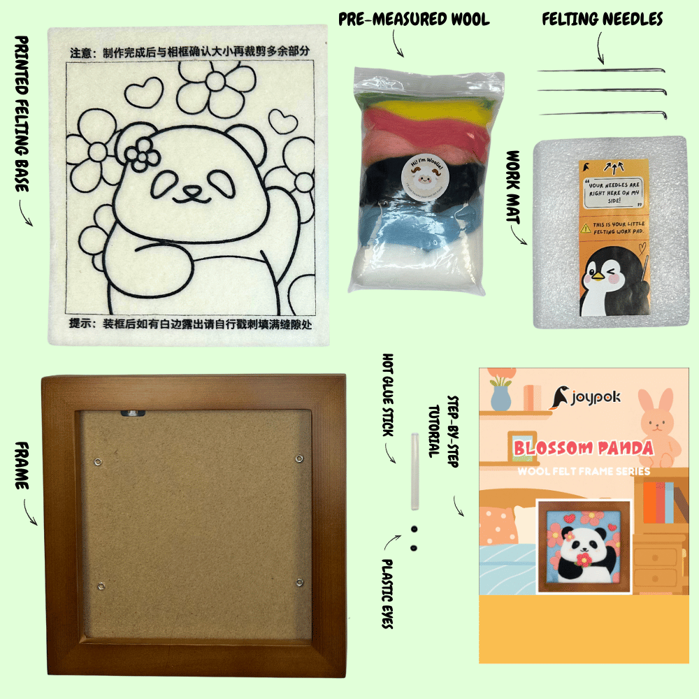 What’s included in the Joypok Blossom Panda DIY wool felt frame kit