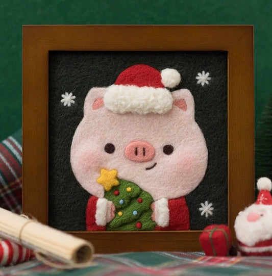 Finished Christmas Piggy felt pig with Santa hat.