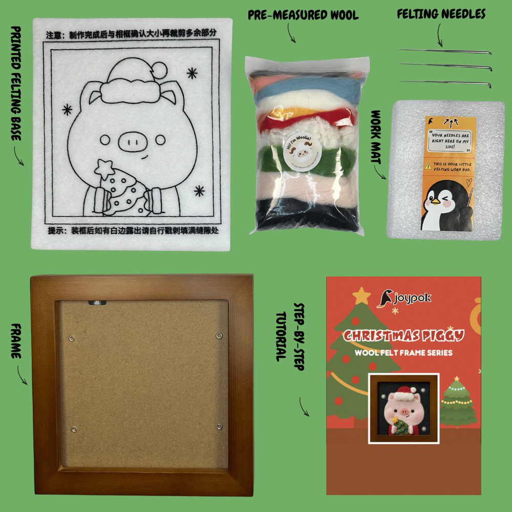 What’s included in the Joypok Christmas Piggy DIY wool felt frame kit