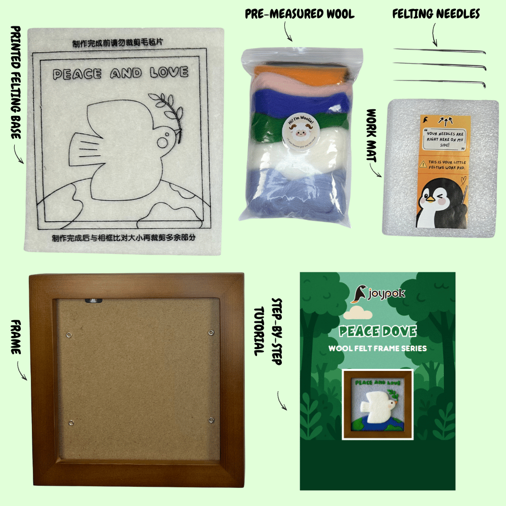 What’s included in the Joypok Peace Dove DIY wool felt frame kit