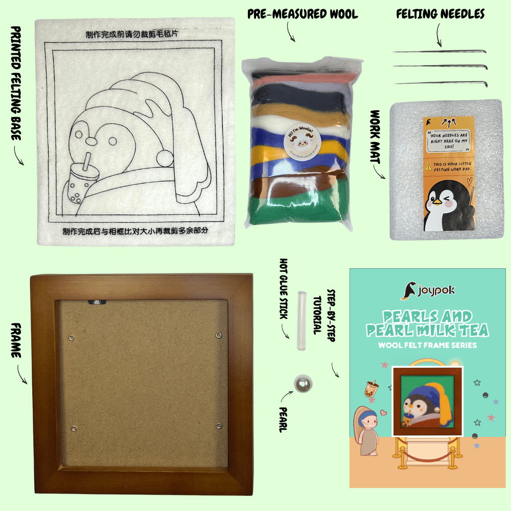 What’s included in the Joypok Pearls Milk Tea Penguin DIY wool felt frame kit