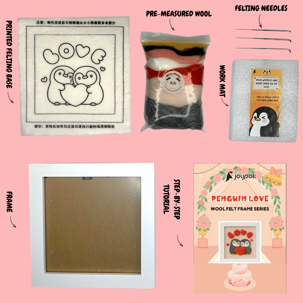 What’s included in the Joypok Penguin Love DIY wool felt frame kit