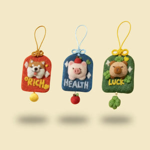 Lucky Charm needle felting kit: red Richshiba, blue Healpy and green Luckybara wool felt charms