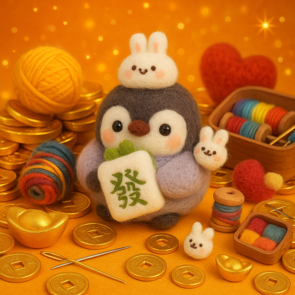 Finished Lucky Mahjong Penguin holding green ‘fa’ tile.