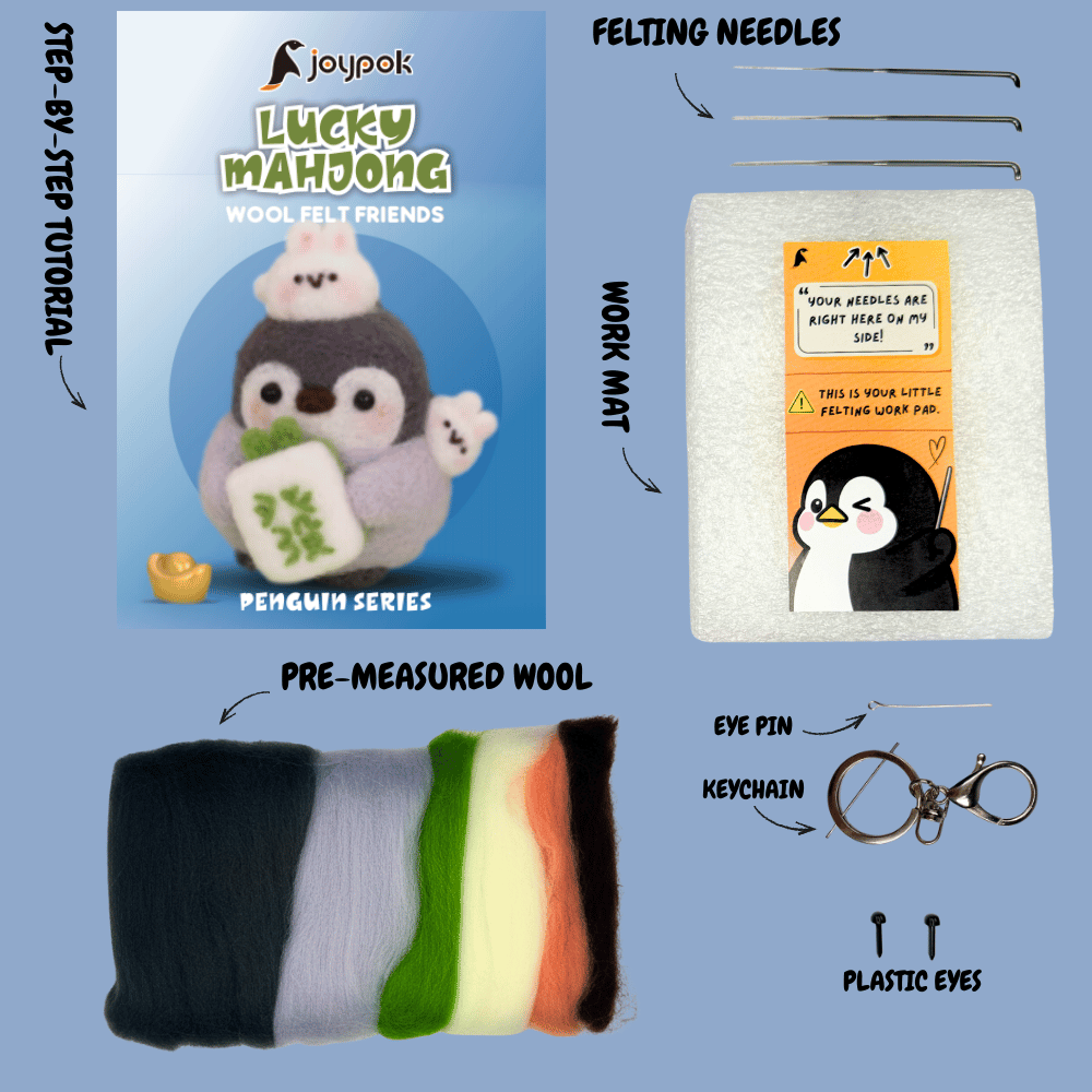 What’s included in the Lucky Mahjong needle felting kit: pre-measured wool, felting needles, work mat, accessories, and step-by-step video tutorial access