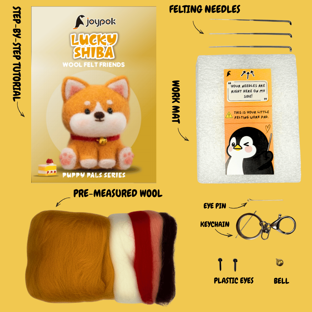 What’s included in the Lucky Shiba needle felting kit: pre-measured wool, felting needles, work mat, accessories, and step-by-step video tutorial access