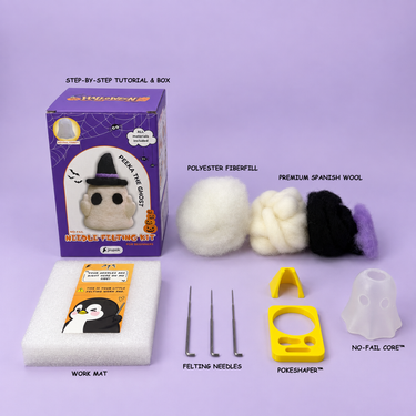 What's included in the Peeka the Ghost needle felting kit: wool, polyester fiberfill, felting needles, work mat, PokeShaper, No-Fail Core, step-by-step tutorial and box.