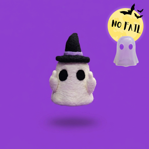 Peeka the ghost needle felting kit — finished wool ghost in a black witch hat, with No-Fail Core guarantee