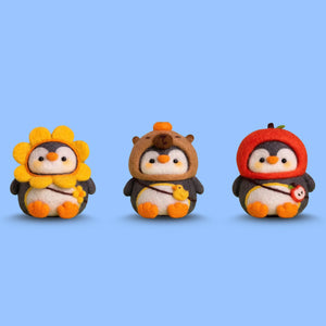 Penguin Trio needle felting kit: Sunflower, Capy and Apple penguins in hoodies