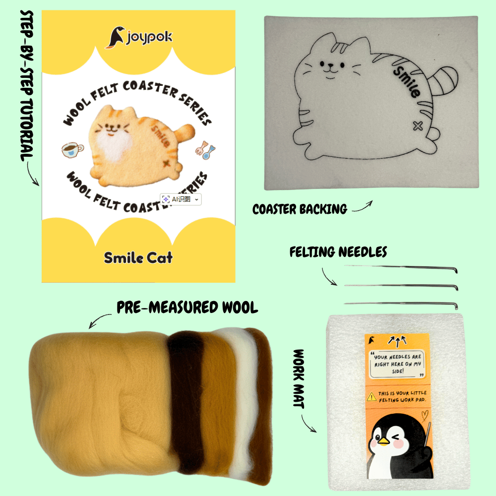 What’s included in the Smile Cat coaster needle felting kit