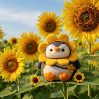 Finished Sunflower Penguin felt toy with bright flower hood.