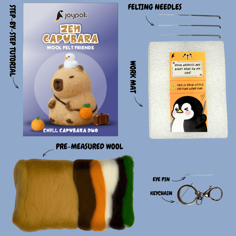 What’s included in the Zen Capybara needle felting kit: pre-measured wool, felting needles, work mat, accessories, and step-by-step video tutorial access