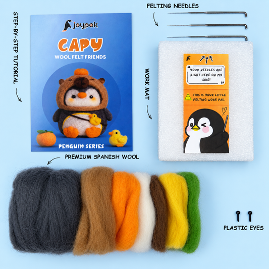 What's included in the Capy Penguin Needle Felting Kit.