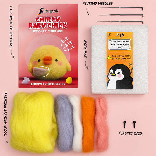 What’s included in the Chirpy Baby Chick needle felting kit: wool, felting needles, work mat, plastic eyes, and step-by-step tutorial.