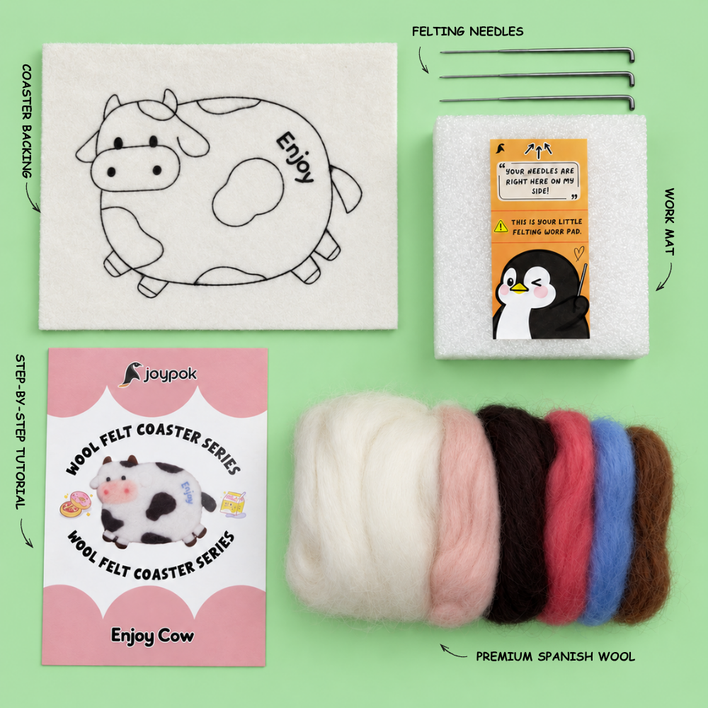 What’s included in the Enjoy Cow Coaster Needle Felting Kit.