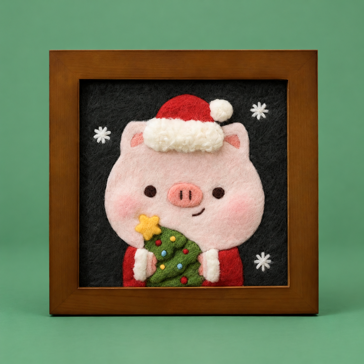 Christmas Piggy Frame Needle Felting Kit on a sage green background