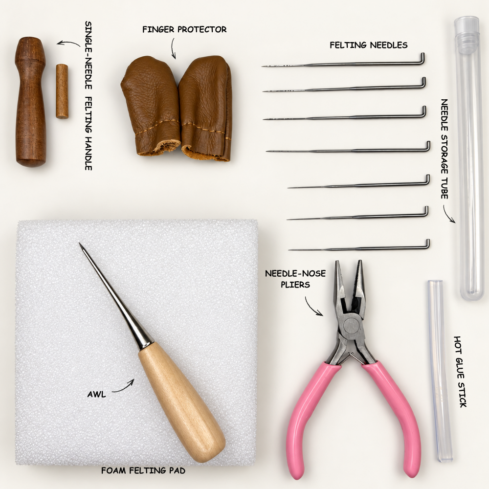 JoyPok Plus Tool Kit contents: single-needle felting handle, finger protectors, felting needles, foam felting pad, needle storage tube, awl, needle-nose pliers and hot glue stick.