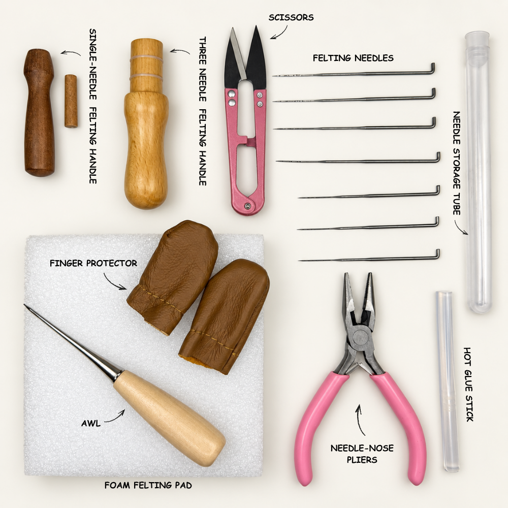 JoyPok Pro Tool Kit contents: single-needle and three-needle felting handles, scissors, finger protectors, felting needles, foam felting pad, needle storage tube, awl, needle-nose pliers and hot glue stick.