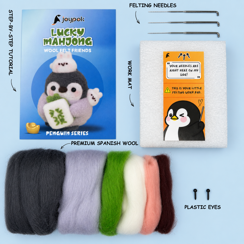 What’s included in the Lucky Mahjong Penguin Needle Felting Kit.