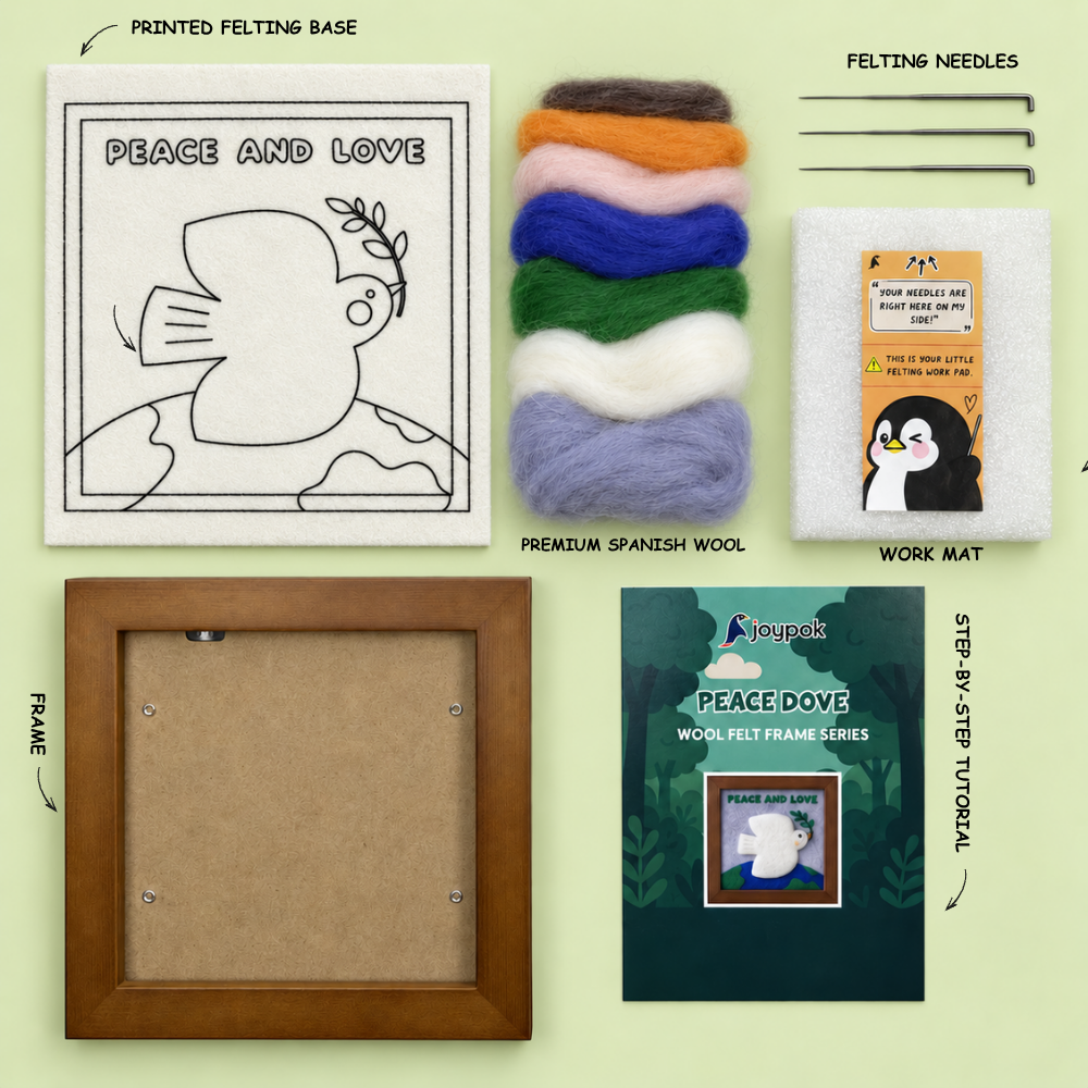 What’s included in the Peace Dove Frame Needle Felting Kit.