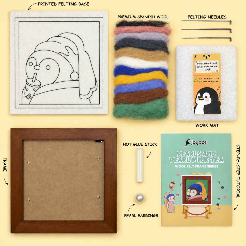 What’s included in the Pearls & Pearl Milk Tea Frame Needle Felting Kit.