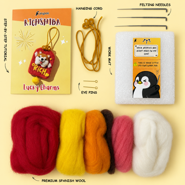 What's included in the Richshiba Good Fortune Charm Needle Felting Kit.